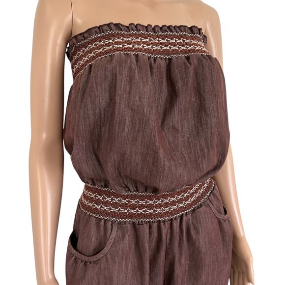 Y2K Strapless Denim Jumpsuit Smocked Wide Leg Boho Capri L Cowgirl Brown Hippie - Picture 4 of 14